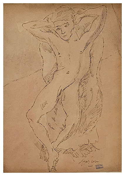 Nu assis, les bras derrire la tete (Jeune homme),
a drawing by Jules PASCIN